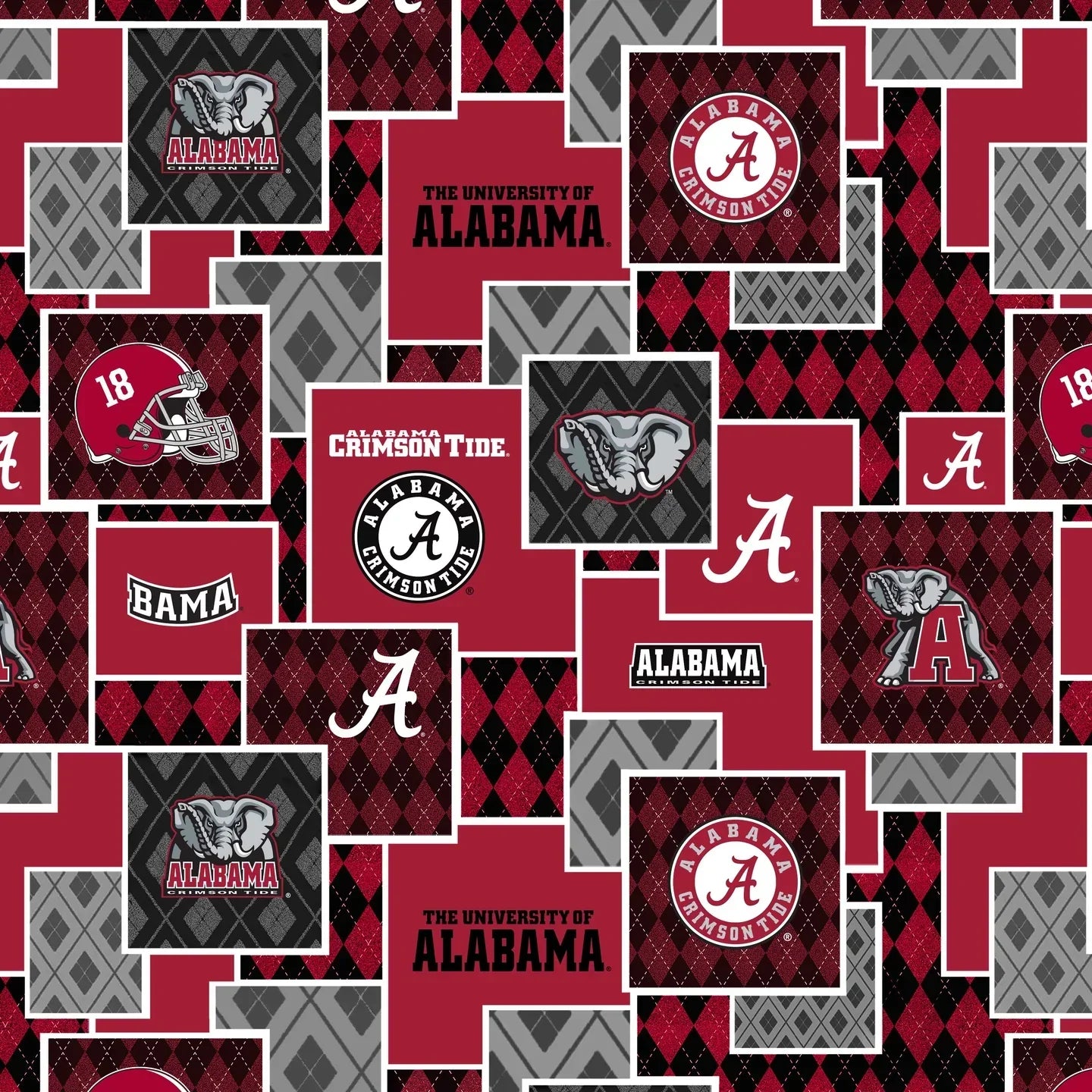 Alabama Crimson Tide NCAA College Argyle Boxes Sykel Enterprises Cotton Fabric AL-1371