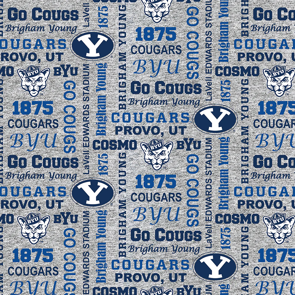 Brigham Young Cougars NCAA College Heather Verbiage Sykel Enterprises Polyester Fleece Fabric BYU-1162