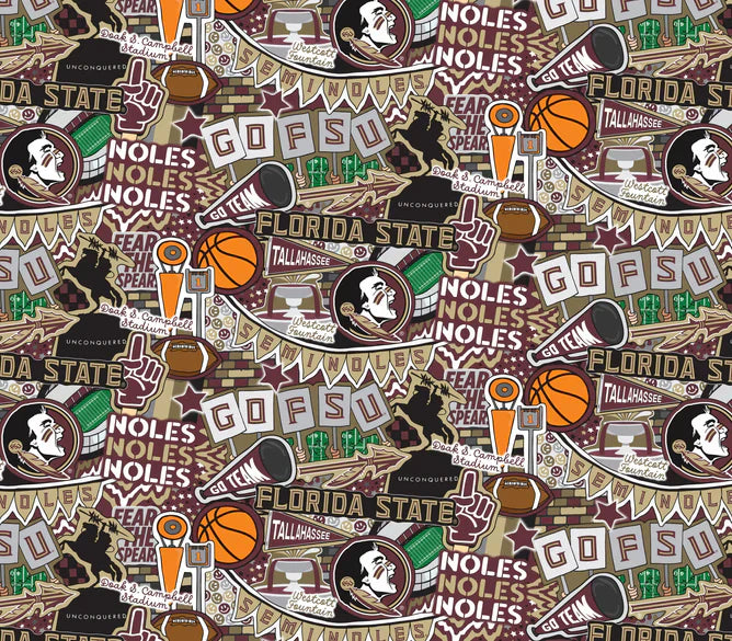 Florida State Seminoles NCAA College Doodle Allover Sammy Sykel Cotton Fabric FSU-2001