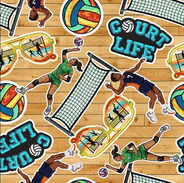 Game On Volleyball Patches Brown Sykel Enterprises Cotton Fabric SYK-10557-VOLL