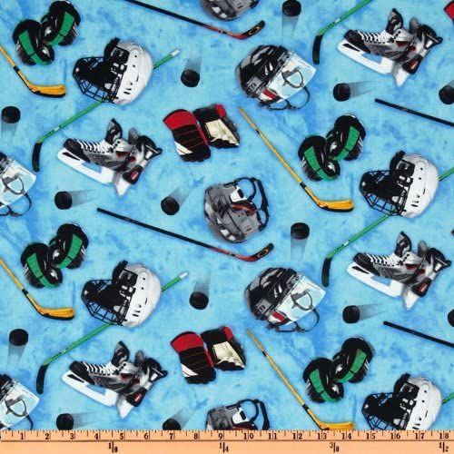 Hockey Puck Helmet Skates Stick Equipment Blue Sports Collection Elizabeth's Studio Cotton Fabric ES-137 Blue