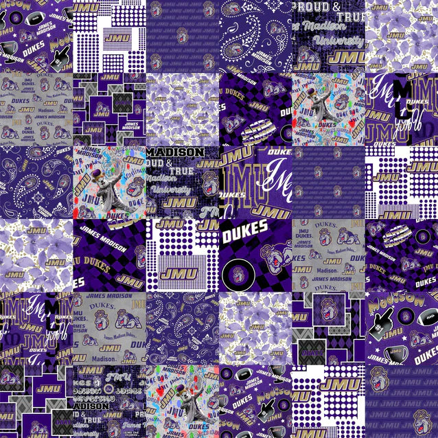 James Madison Dukes NCAA College Cheater Quilt Allover 60" Sykel Cotton Fabric JMU-1363