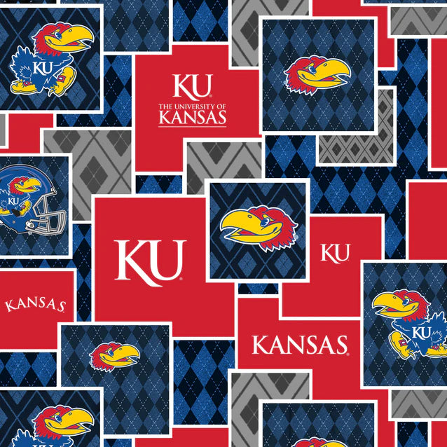 Kansas Jayhawks NCAA College Argyle Boxes Sykel Cotton Fabric KS-1371
