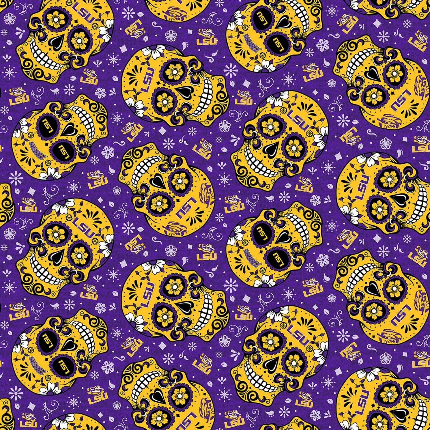 Louisiana State Tigers NCAA College Limited Run Sugar Skulls Sykel Cotton Fabric LSU-1193