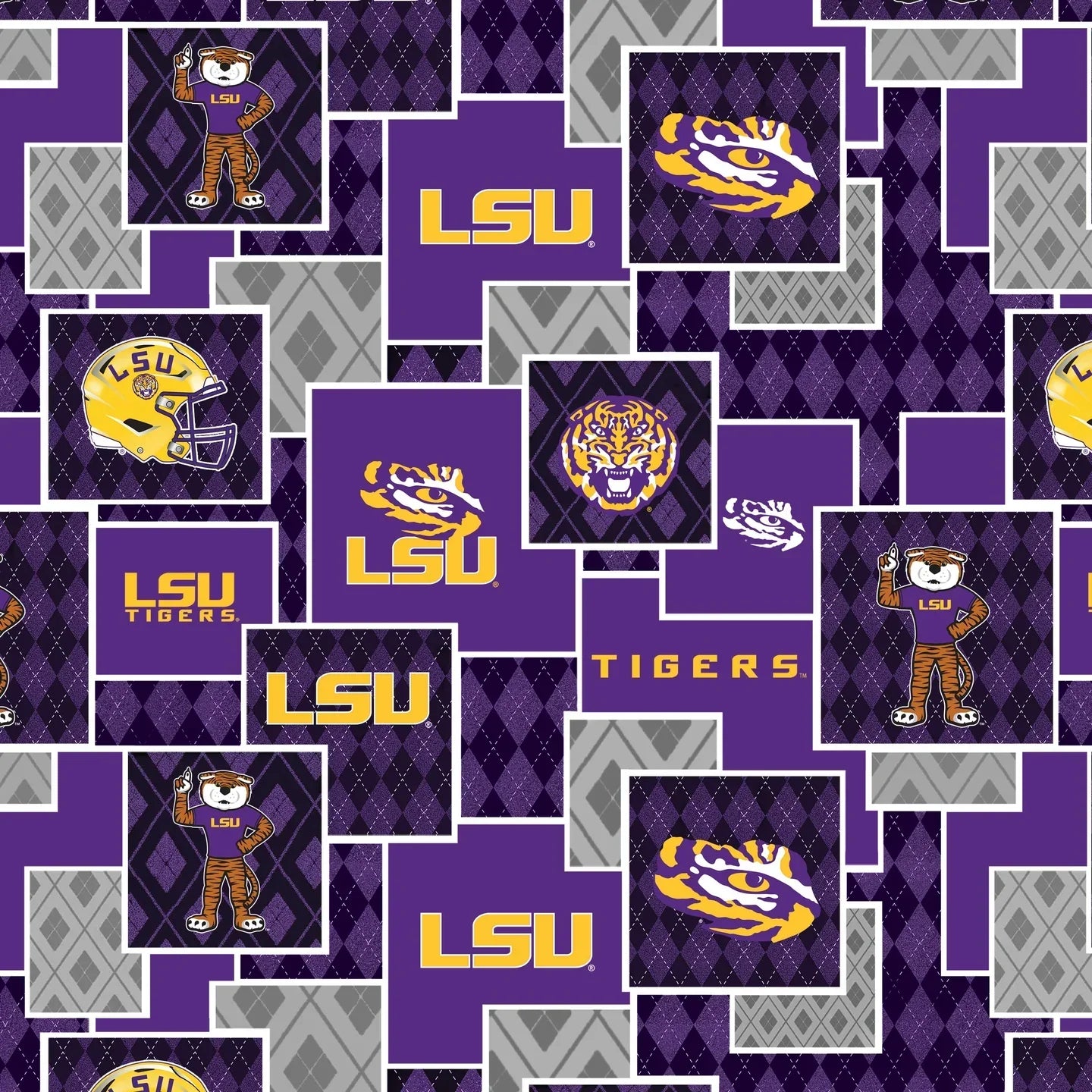 Louisiana State Tigers NCAA College Argyle Boxes Sykel Enterprises Cotton Fabric LSU-1371