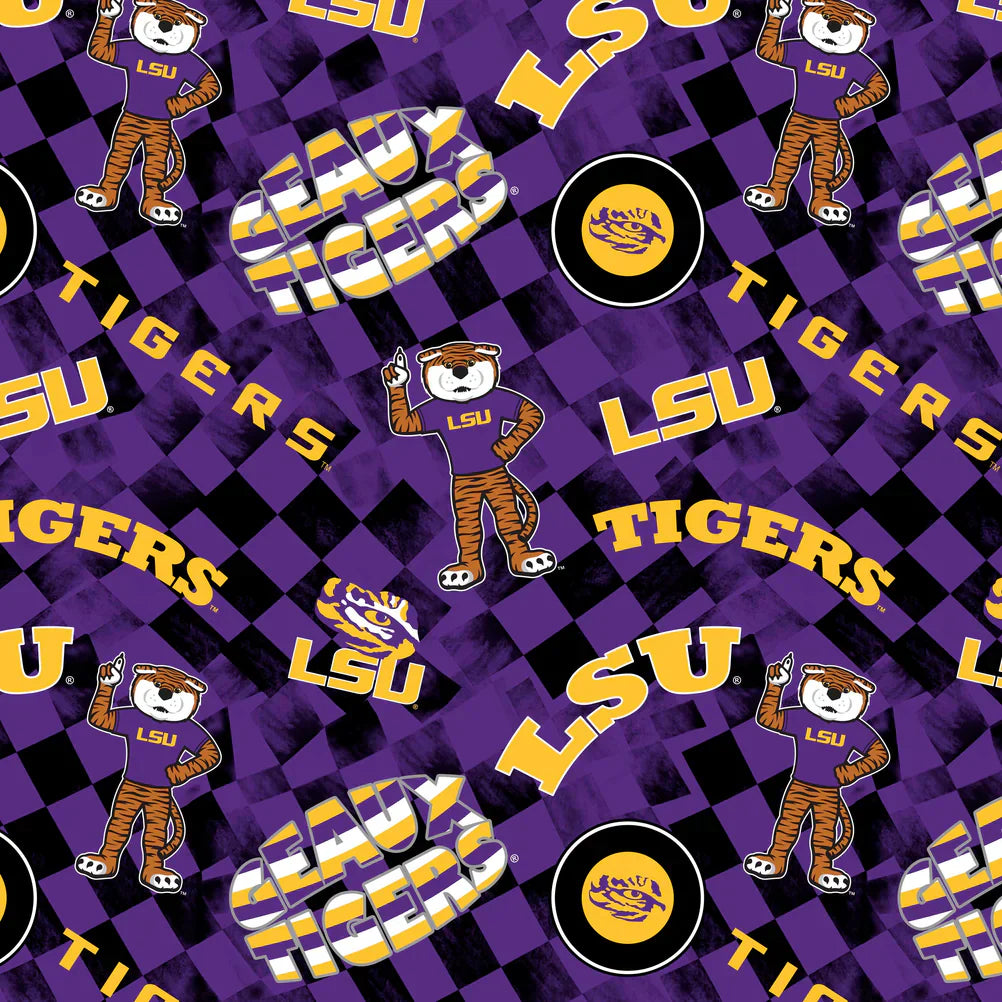 Louisiana State Tigers NCAA College Check Allover Sykel Cotton Fabric LSU-1370