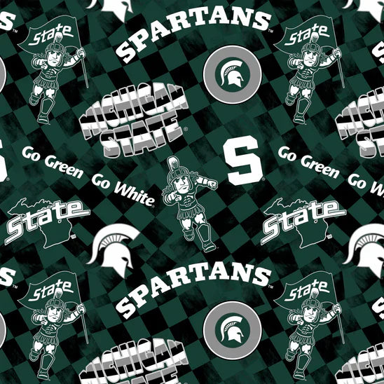 Michigan State Spartans NCAA College Check Allover Sykel Enterprises Cotton Fabric MIST-1370
