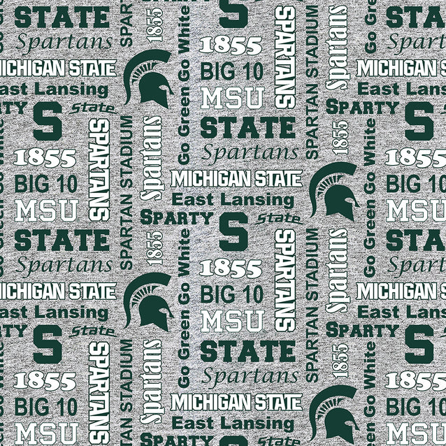 Michigan State Spartans NCAA College Heather Verbiage Sykel Enterprises Polyester FLEECE Fabric MIST-1162