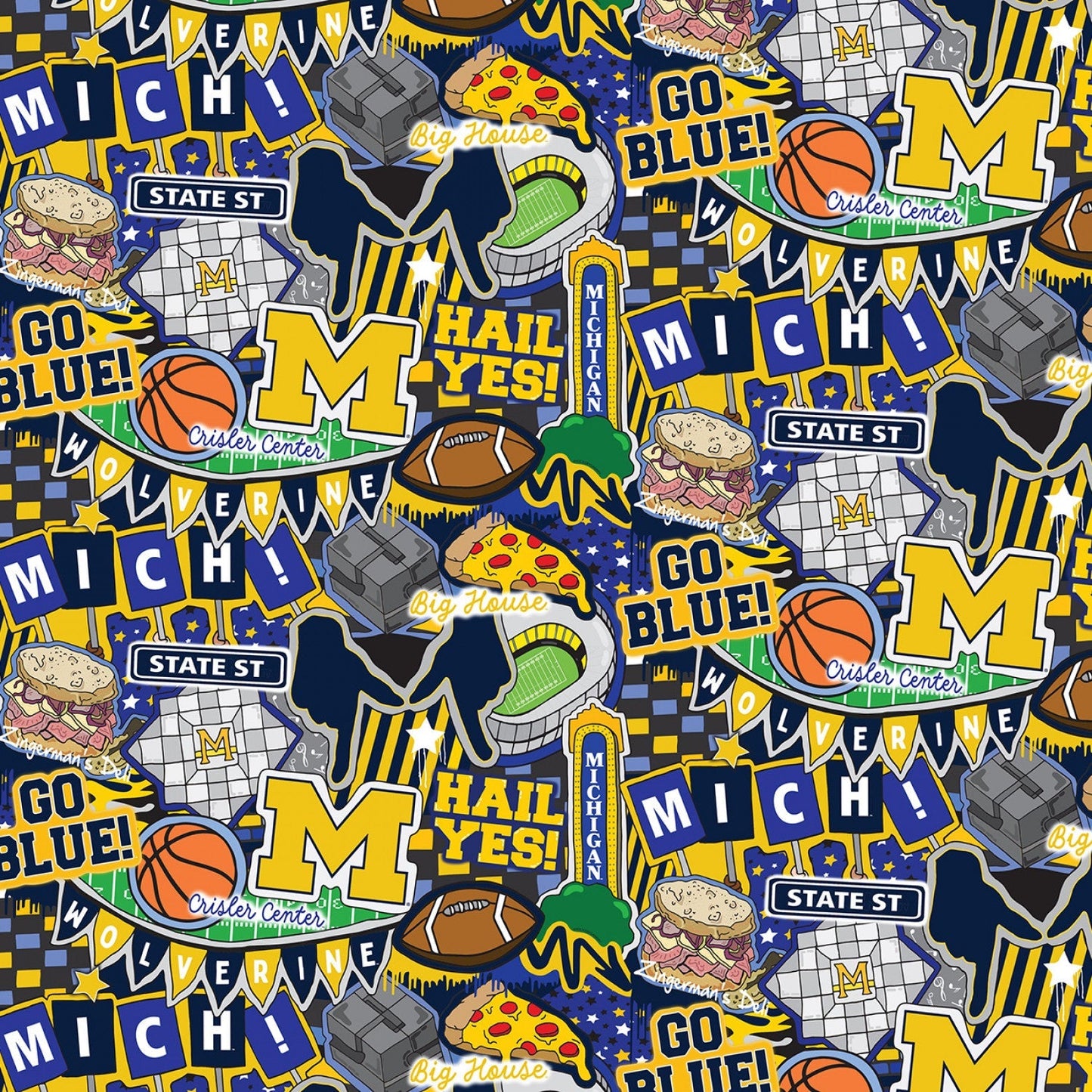 Michigan Wolverines NCAA College Doodle Allover Sammy Sykel Cotton Fabric MCHG-2001