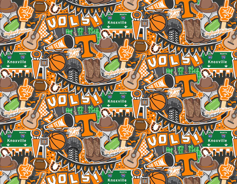 Tennessee University Vols (Volunteers) NCAA College Doodle Allover Sammy Sykel Cotton Fabric TEN-2001