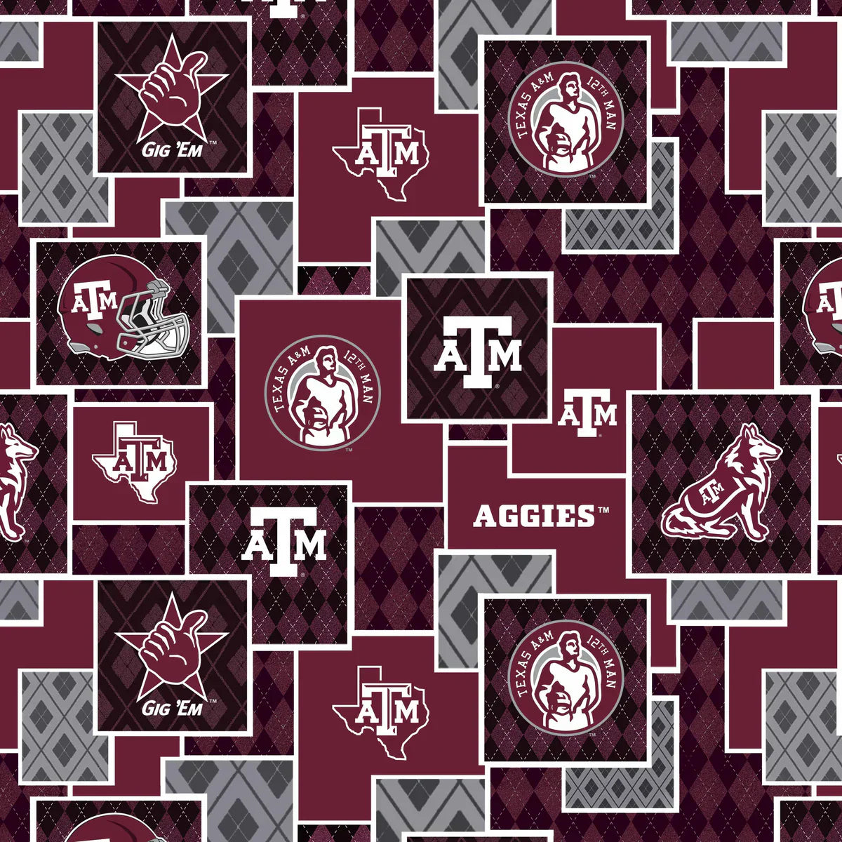 Texas A&M Aggies NCAA College Argyle Boxes Sykel Cotton Fabric TAM-1371
