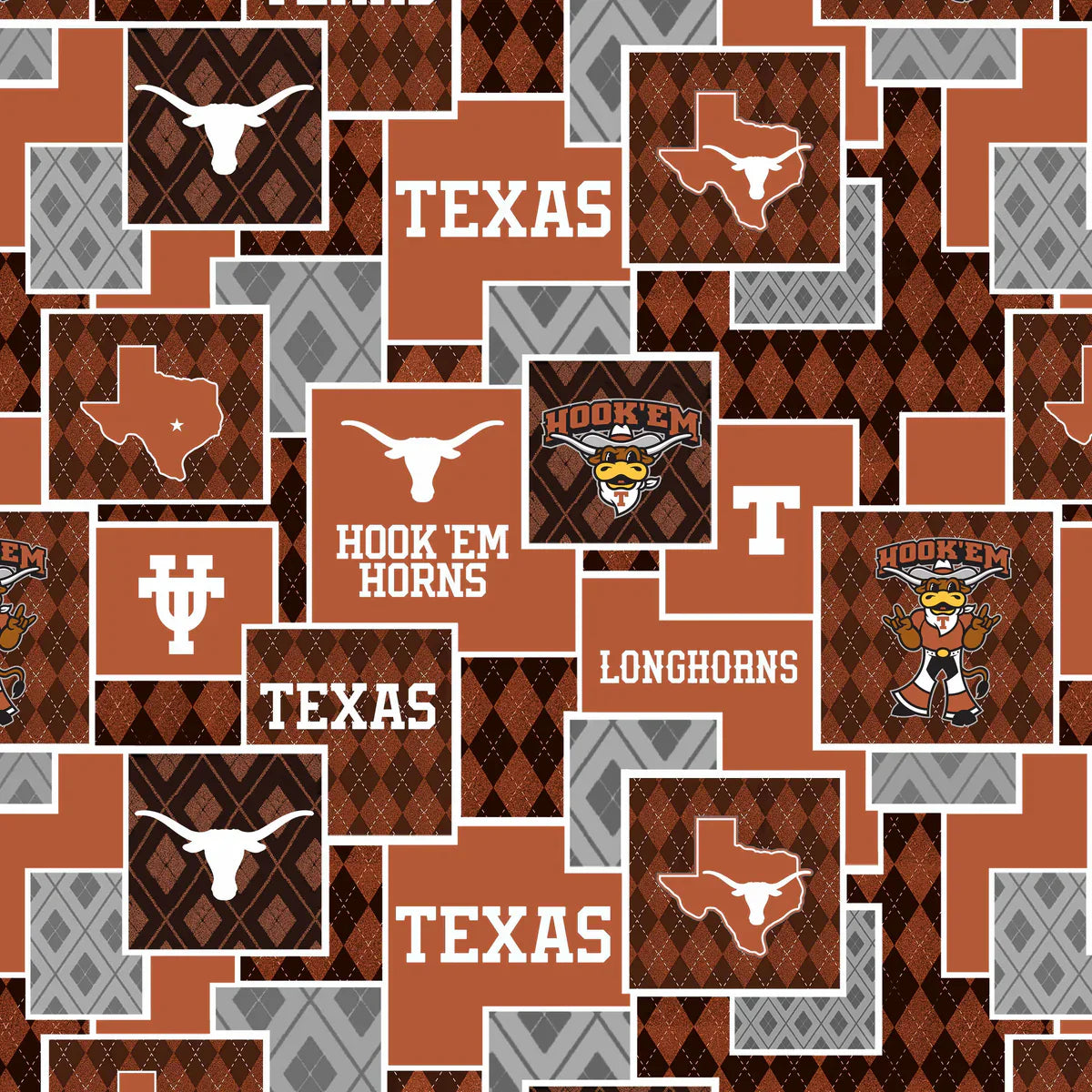 Texas Longhorns NCAA College Argyle Boxes Sykel Cotton Fabric TX-1371