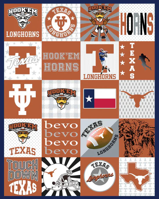 Texas Longhorns NCAA Collegiate T-Shirt Panel 60" Sykel Polyester Minky Fabric TX-1362