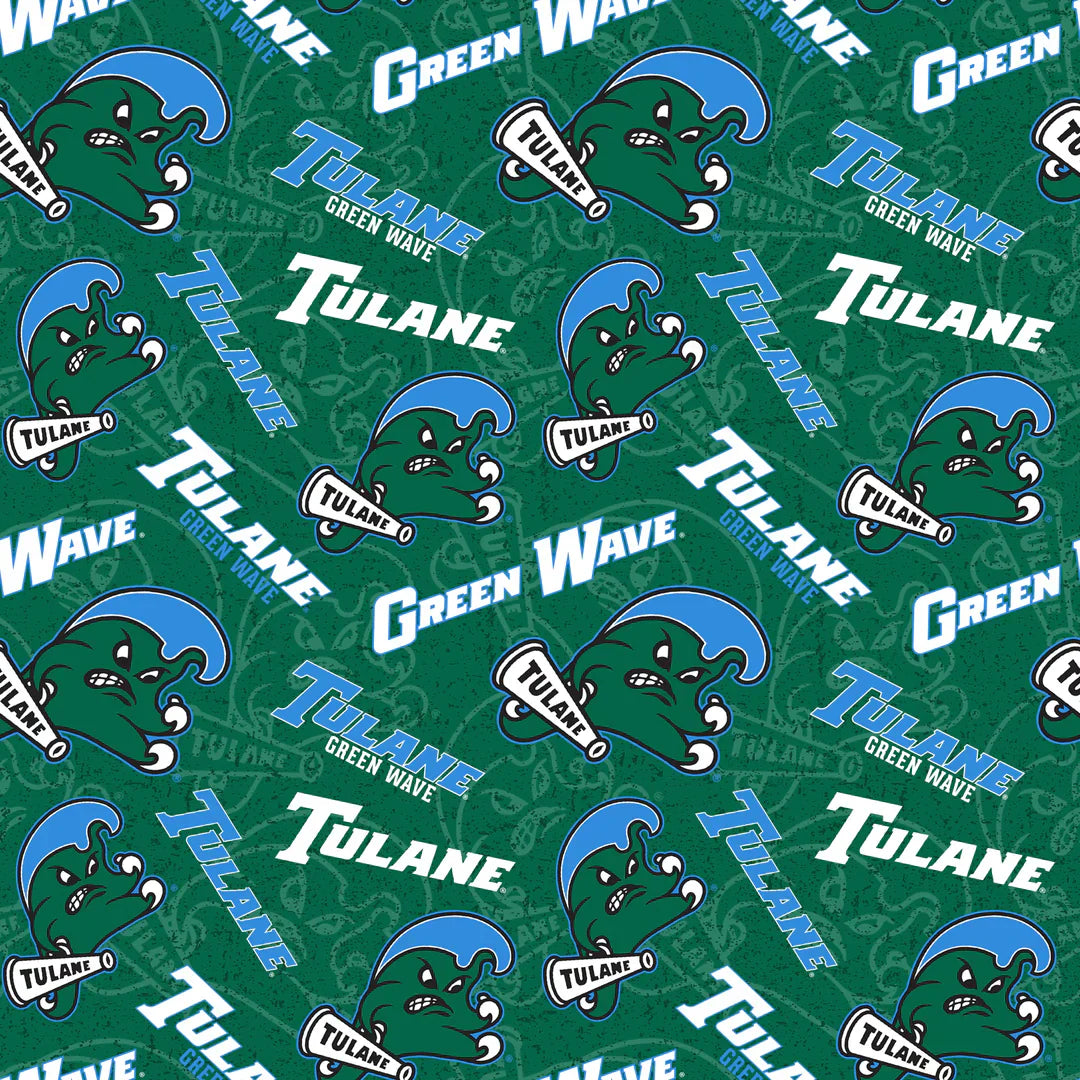 Tulane University NCAA College Wave College Logo Green Sykel Cotton Fabric TUL-1178
