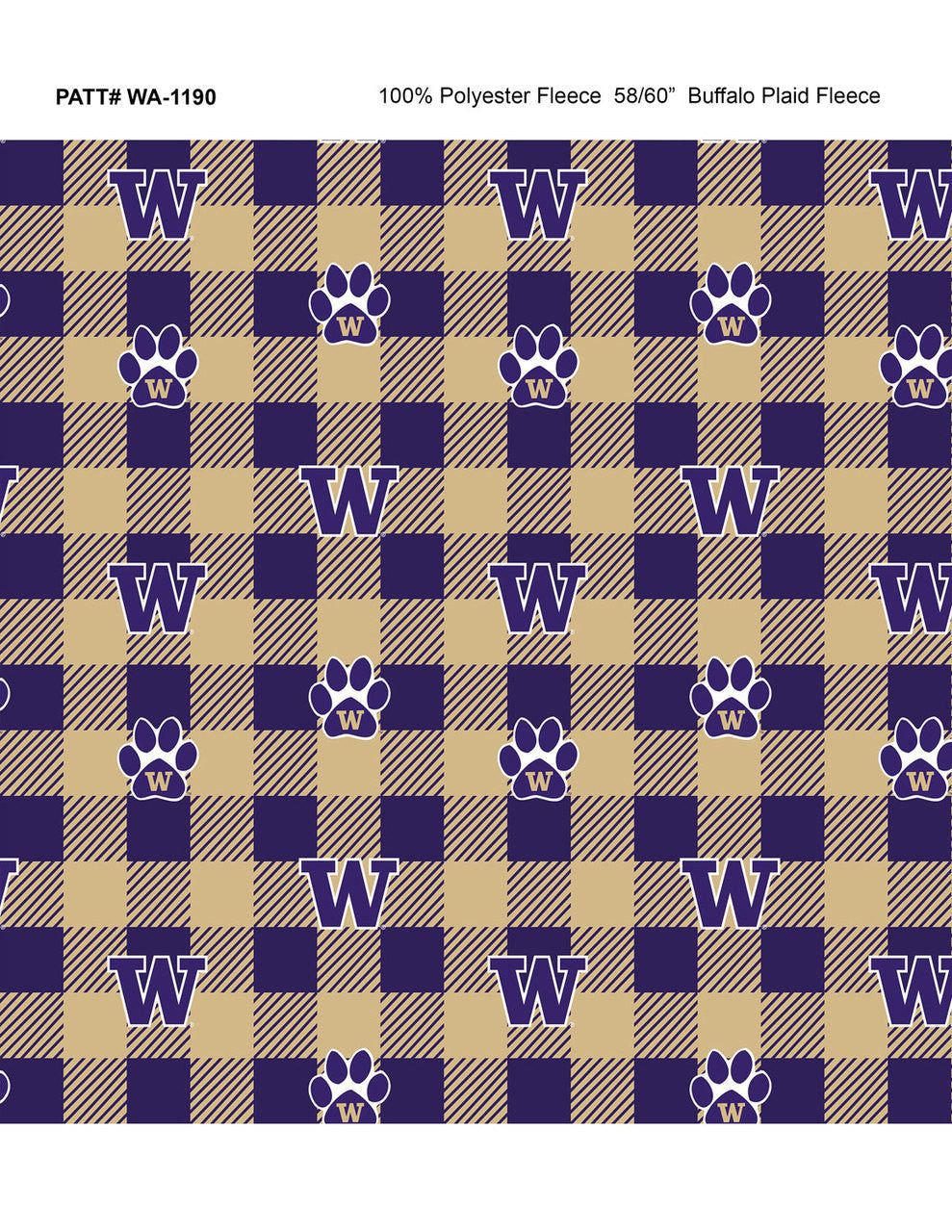 Washington Huskies NCAA College Buffalo Plaid Sykel Enterprises Polyester Fleece Fabric WA-1190