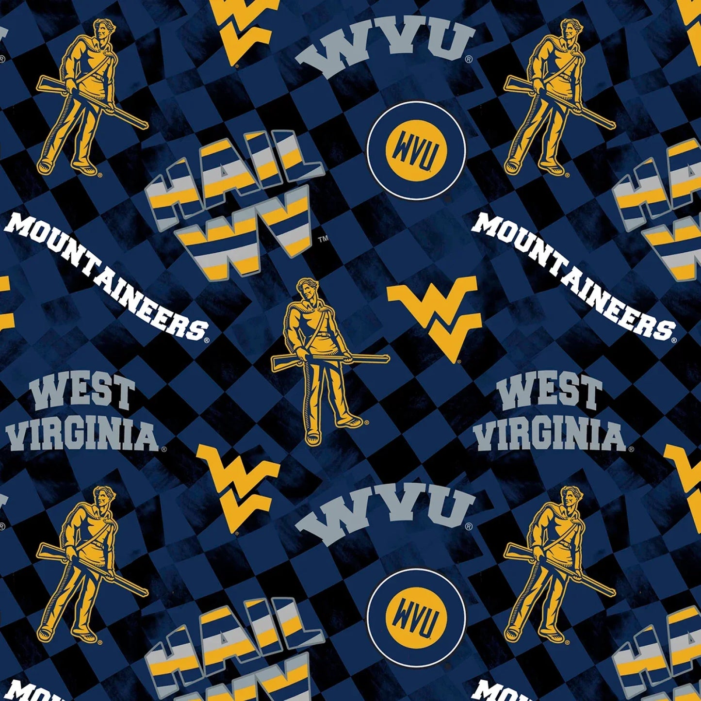 West Virginia Mountaineers NCAA College Check Allover Sykel Enterprises Cotton Fabric WV-1370