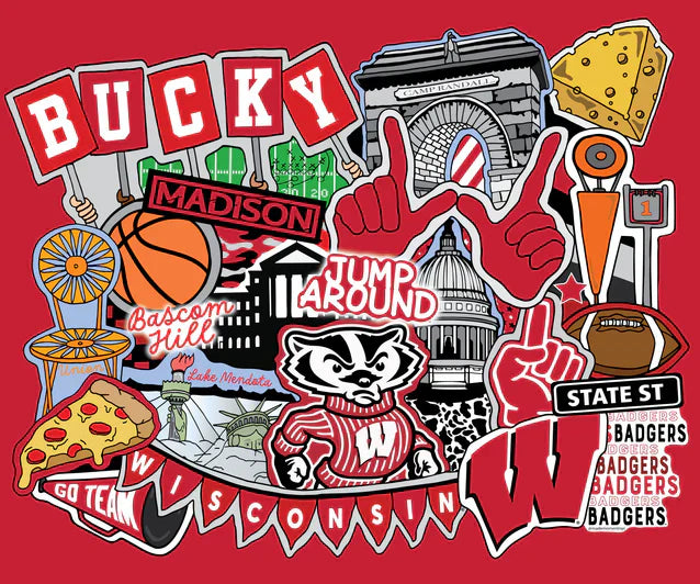 Wisconsin Badgers NCAA College Doodle Panel 36"x43" Sammy Sykel Enterprises Cotton Fabric WIS-2000