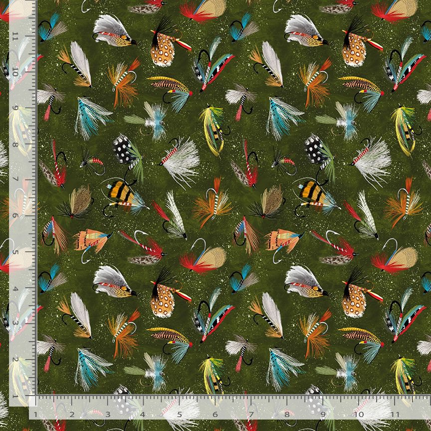 Woodland Retreat Fly Fishing Lures Hunter Gail Cadden Timeless Treasures Cotton Fabric TT-GAIL-CD3480-HUNTER