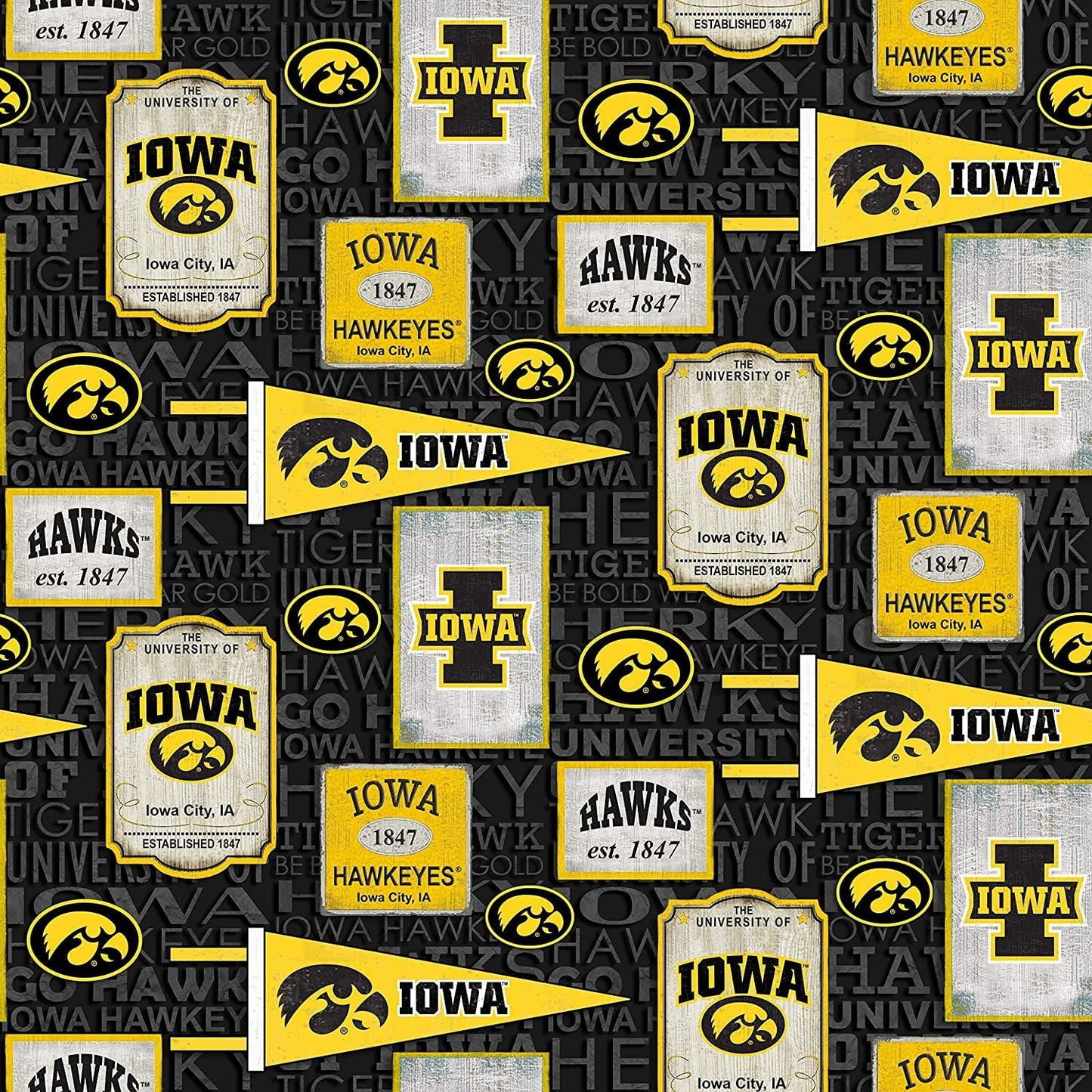 Iowa Hawkeyes NCAA College Vintage Pennant Sykel Cotton Fabric IA-1267