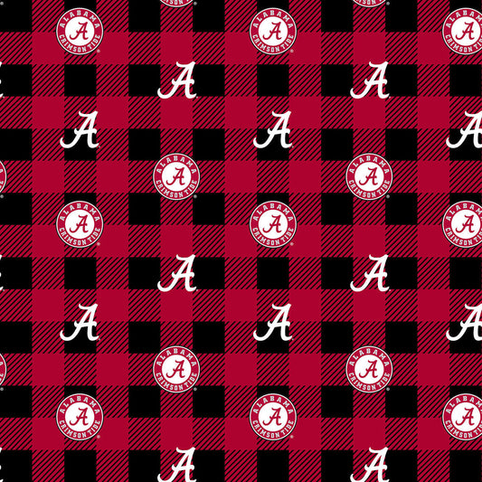 Alabama Crimson Tide Fleece Fabric with Buffalo Plaid design-Sold by the Yard