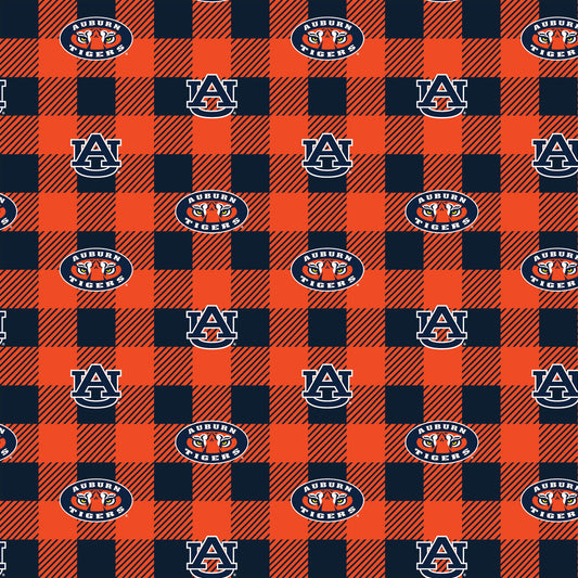 Auburn TIgers Fleece Fabric with Buffalo Plaid design-Sold by the Yard