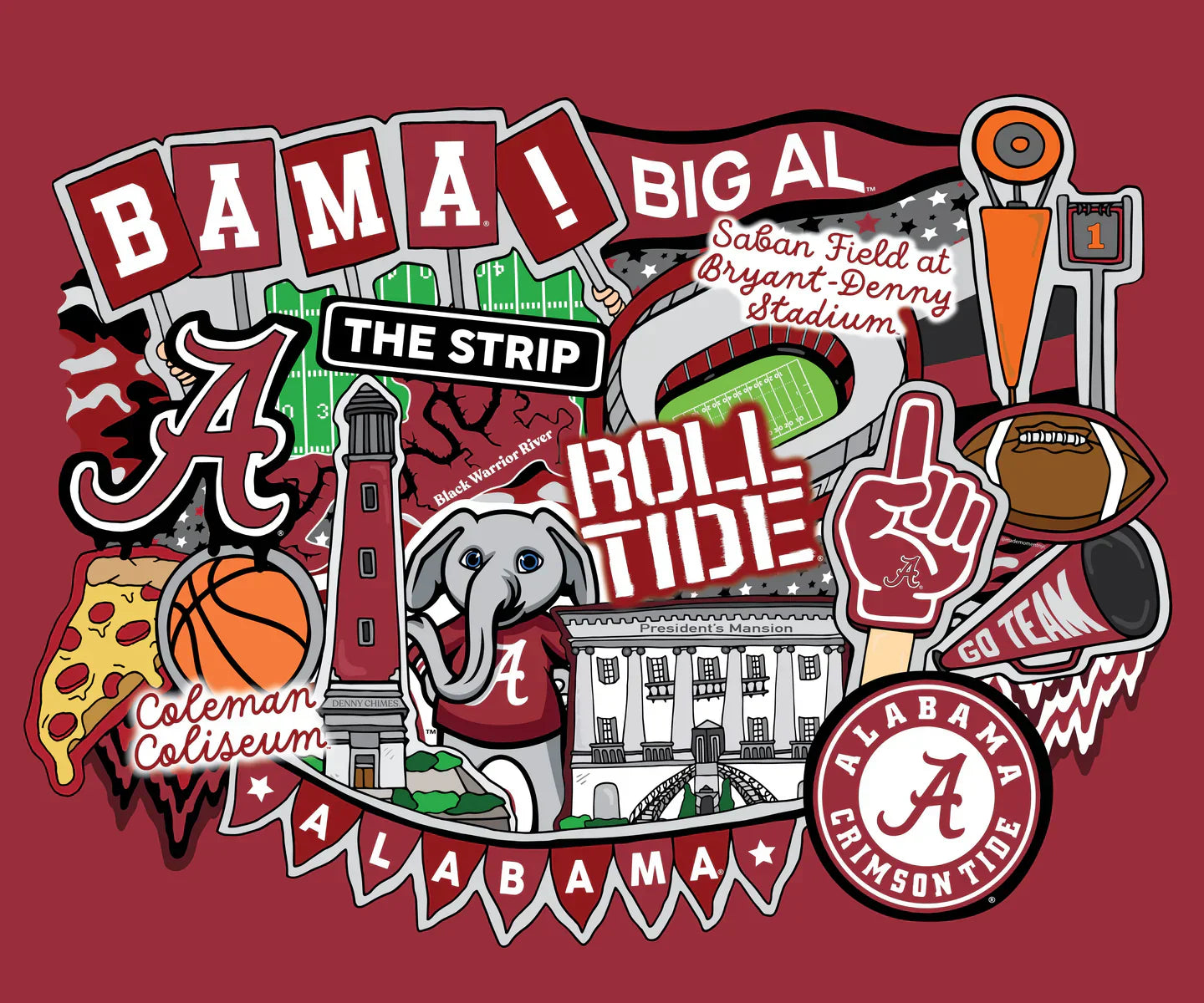 Alabama Crimson Tide NCAA College Doodle Panel 36" Sammy Sykel Enterprises Cotton Fabric AL-2000