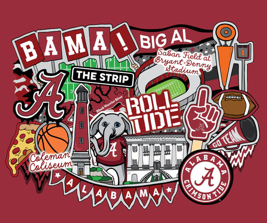 Alabama Crimson Tide NCAA College Doodle Panel 36" Sammy Sykel Enterprises Cotton Fabric AL-2000