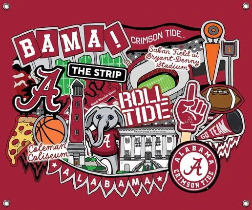 Alabama Crimson Tide NCAA College Doodle Spirit Banner 58x47 inches Sykel Enterprises 4 Grommets Polyester Fabric AL-5002