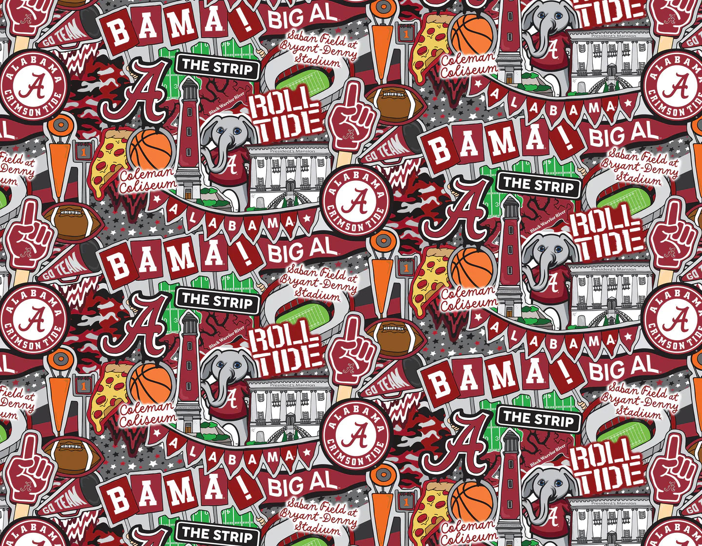 Alabama Crimson Tide NCAA College Doodle Sammy Sykel Enterprises Cotton Fabric AL-2001