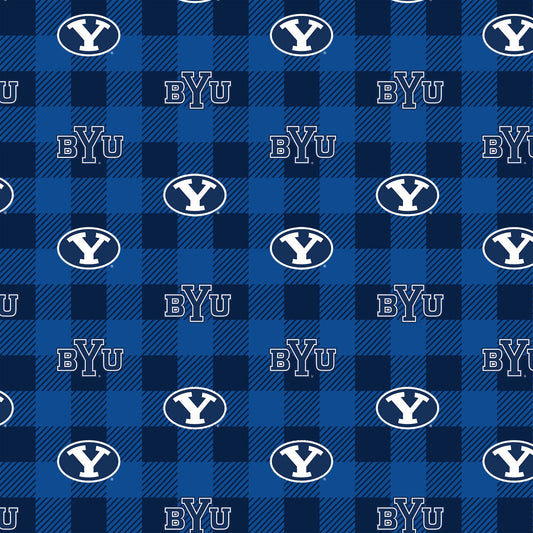 Brigham Young-BYU Fleece Fabric with Buffalo Plaid design-Sold by the Yard