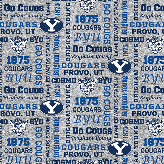 Brigham Young Cougars NCAA College Heather Verbiage Sykel Enterprises Polyester Fleece Fabric BYU-1162