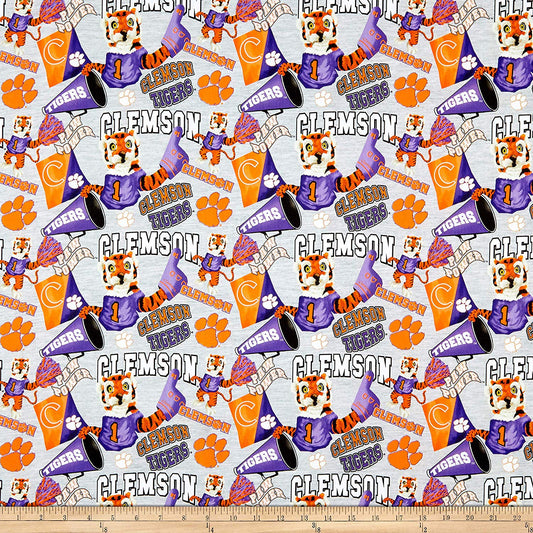 Clemson Tigers NCAA Collegiate Mascot Heather Gray Sykel Cotton Fabric CLEM-1164