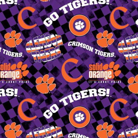 Clemson Tigers NCAA College Check Allover Sykel Cotton Fabric CLEM-1370