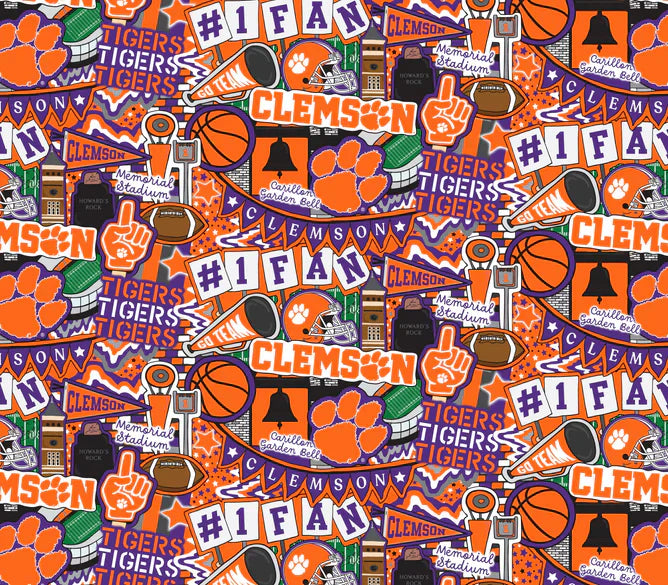 Clemson Tigers NCAA College Doodle Allover Sammy Sykel Cotton Fabric CLEM-2001