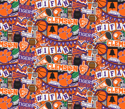 Clemson Tigers NCAA College Doodle Allover Sammy Sykel Cotton Fabric CLEM-2001