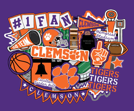 Clemson Tigers NCAA College Doodle Panel 36''x43'' Sammy Sykel Enterprises Cotton Fabric CLEM-2000