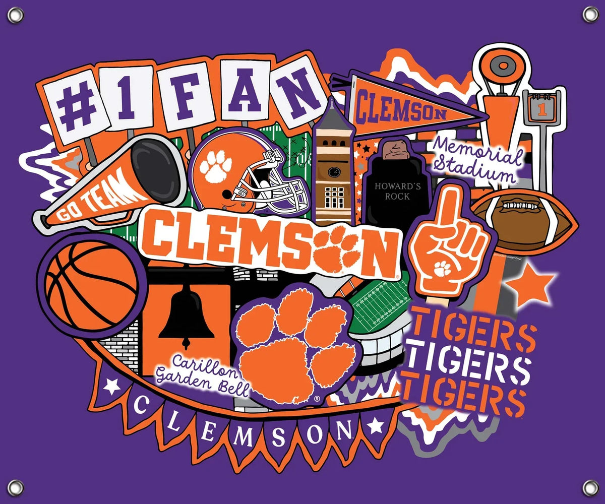 Clemson Tigers NCAA College Doodle Spirit Banner 58x47 inches Sykel Enterprises 4 Grommets Polyester Fabric CLEM-5002