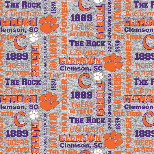 Clemson Tigers NCAA College Heather Verbiage Sykel Enterprises Polyester Fleece Fabric CLEM-1162