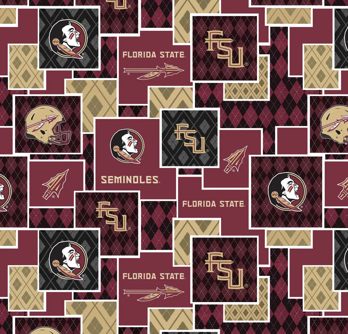Florida State Seminoles NCAA College Argyle Boxes Sykel Cotton Fabric FSU-1371