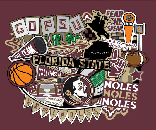 Florida State Seminoles NCAA College Doodle Panel 36''x43'' Sammy Sykel Enterprises Cotton Fabric FSU-2000