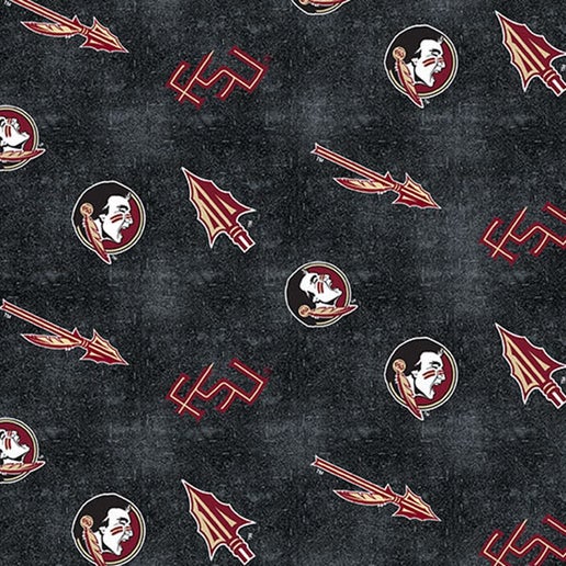 Florida State Seminoles NCAA College Distressed logo FLANNEL Black Sykel Cotton Fabric FSU-1152