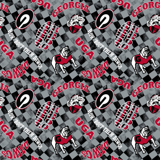 Georgia Bulldogs NCAA College Checks Gray Sykel Enterprises Canvas Duck Cloth Cotton Fabric GA-1380-GRAY