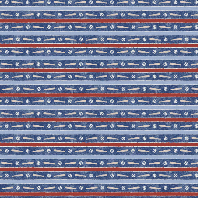 Hey, Batter Batter Bat Stripe Blue Paintbrush Studio Cotton Fabric PBS-120-25393
