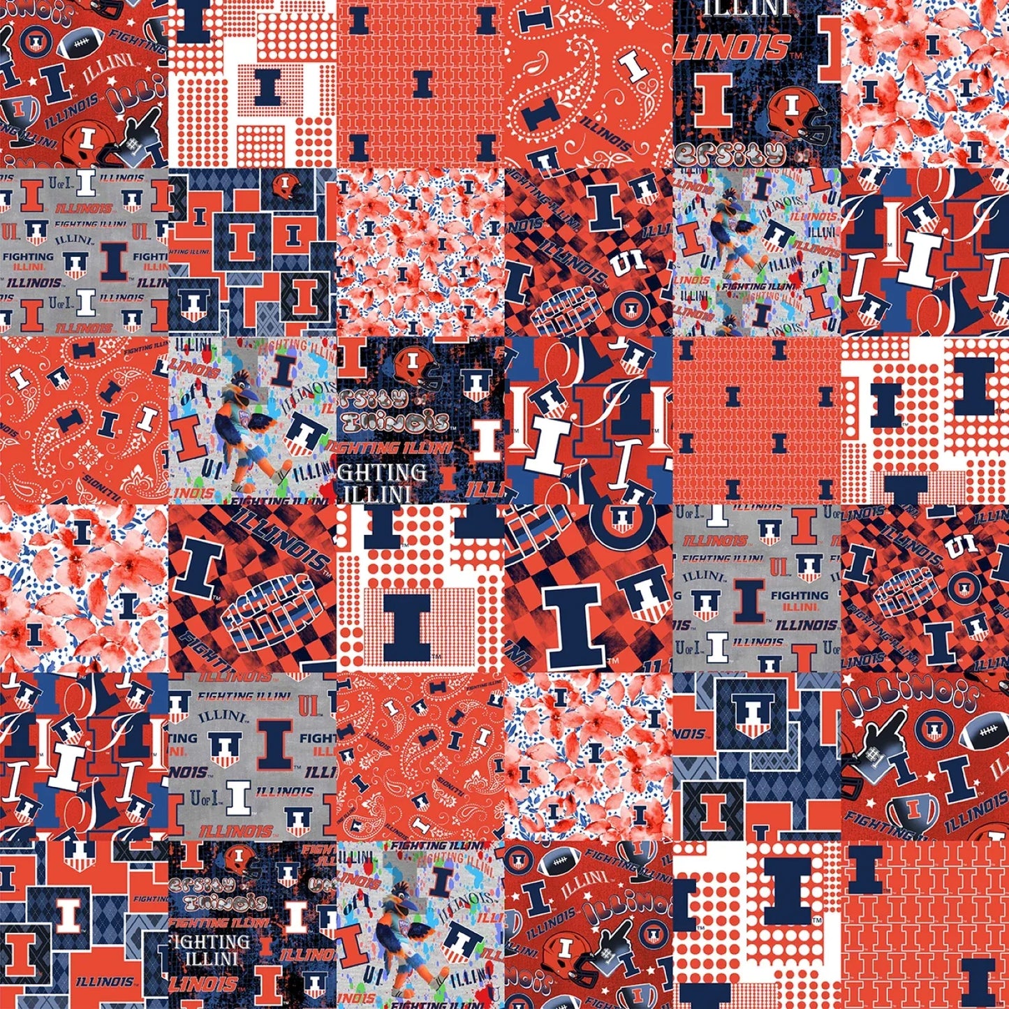 Illinois Fighting Illini NCAA College Cheater Quilt Allover 60" Sykel Enterprises Cotton Fabric ILL-1363