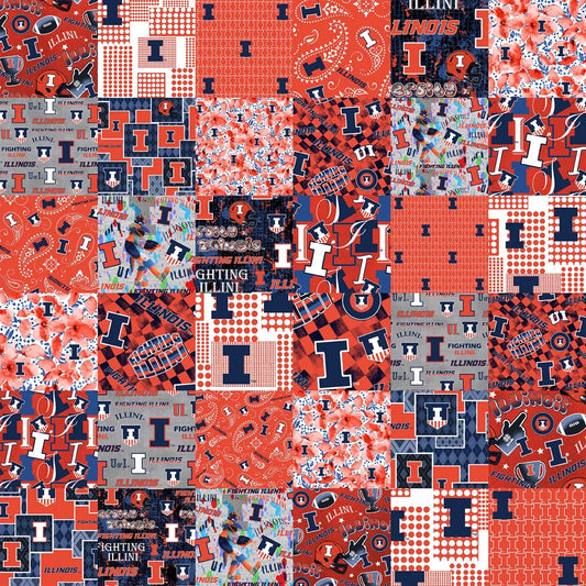 Illinois Fighting Illini NCAA College Cheater Quilt Allover 60" Sykel Enterprises Cotton Fabric ILL-1363