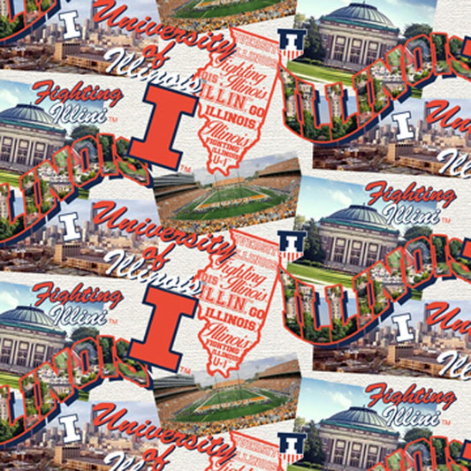 Illinois Fighting Illini NCAA College Scenic Map Sykel Enterprises Cotton Fabric ILL-1212