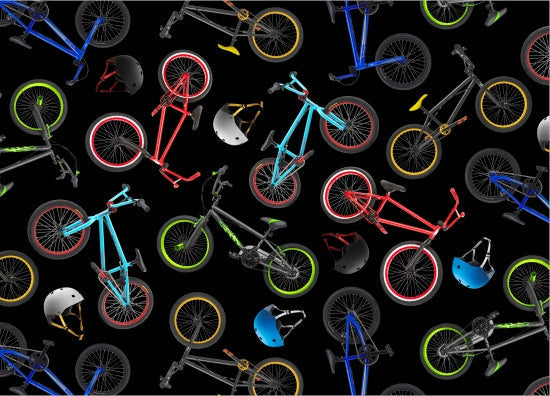 In Motion Bicycles Tossed Black Elizabeth's Studio Cotton Fabric