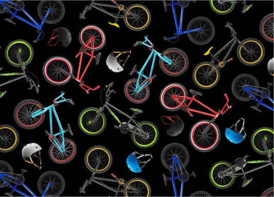 In Motion Bicycles Tossed Black Elizabeth's Studio Cotton Fabric