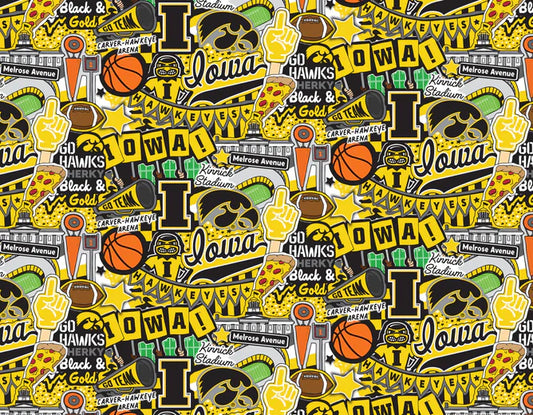 Iowa Hawkeyes NCAA College Doodle Allover Sammy Sykel Cotton Fabric IA-2001