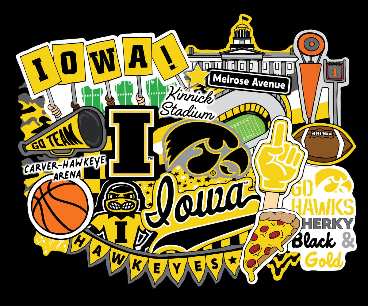 Iowa Hawkeyes NCAA College Doodle Panel 36"x43" Sammy Sykel Enterprises Cotton Fabric IA-2000
